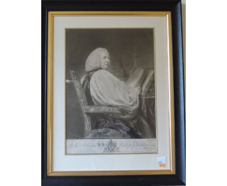 Engraved by Houston after Sir J. Reynolds, 1764

Mezzotint Engraving: "Portrait of Richard Robinson D.D., Bishop of Kildare, 