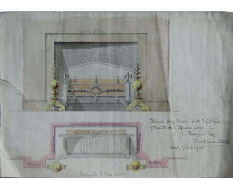 19th Century English School

Watercolour: Sketch & Ground Plan for Gothic style "Black Dog Grate with three feet fire fitted 