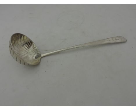 An extremely fine and rare bright cut Irish Provincial silver Sauce Ladle, with shell bowl by Joseph Johns, Limerick c. 1760?