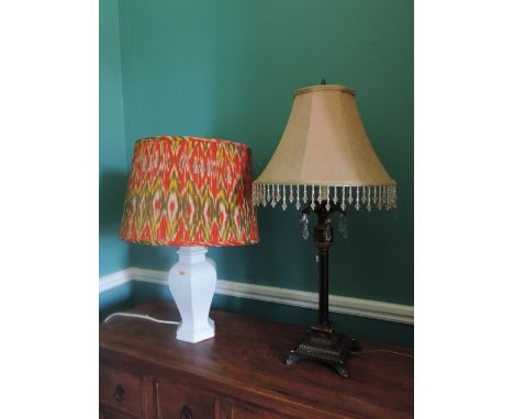 An attractive pair of painted metal Bedside Lamps, with salmon coloured shades, and a white porcelain Table Lamp. (3)