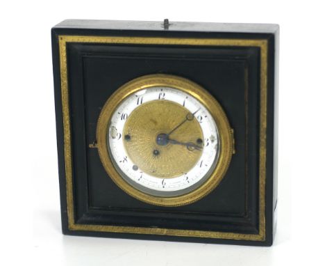 An unusual early 19th Century Empire Carriage type Clock, the circular enamel face with etched ormolu centre, signed Fred. Qu