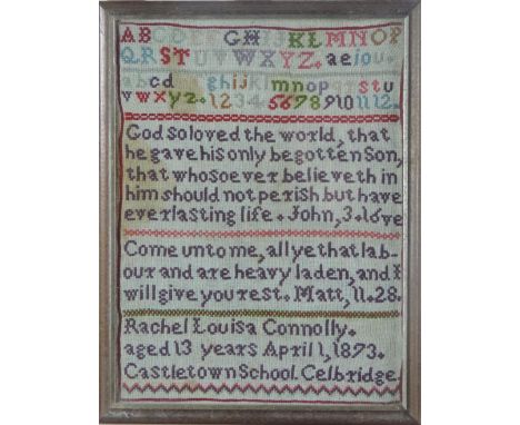 Rachel Louisa Connolly, 1873

Celbridge, Co. Kildare: A large Needlework Sampler, with letters, numbers and bible quotations 