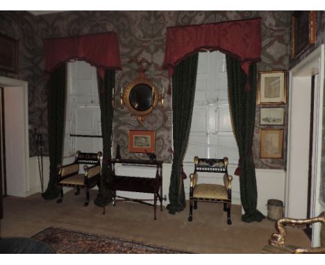 Two pairs of attractive heavy lined and inter-lined green damask Curtains, with fawn beading and with similar elaborate plate