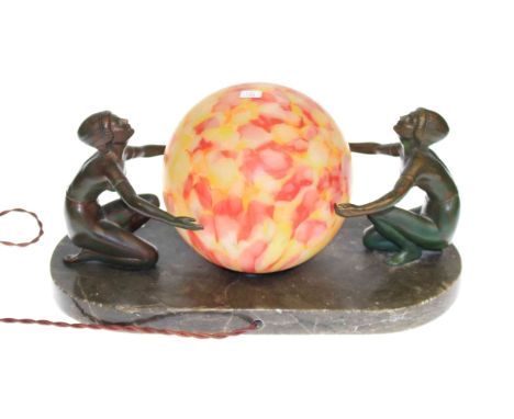 Art Deco spelter figure table lamp with coloured spherical shade