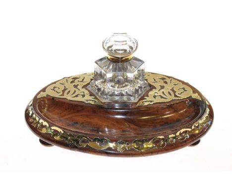 Brass mounted walnut desk stand with inkwell