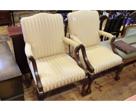 Pair mahogany ball and claw open armchairs in light gold striped fabric