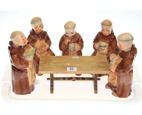 Set of five West German monk decanter figures with refectory table