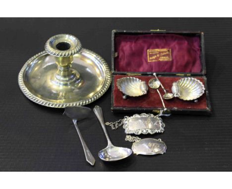 Two silver decanter labels, pair of silver salts, chamber stick, spoon and pusher