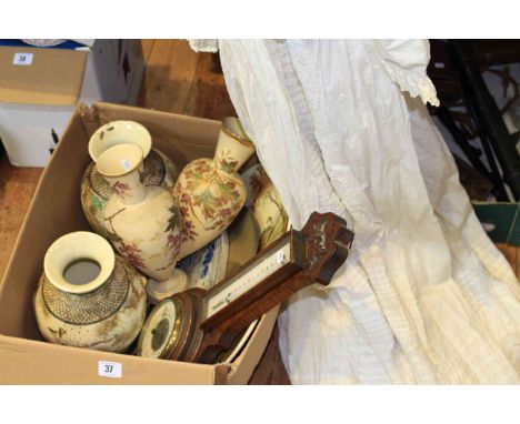 Box of vases, decorative plates, oak barometer and thermometer, and christening gowns