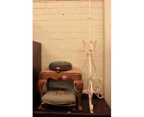 Wrought iron standard oil lamp base, cabriole leg stool, two needlework footstools, Georgian mahogany side chair and bedroom 