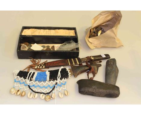 Sudanese dagger with beaded sheath with shell fringe, coins, etc