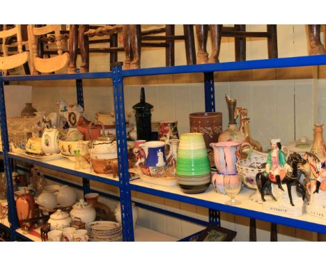 Large collection of glass and china including Shelley vase, Staffordshire figures, decanters, pottery clock, child's Codeg ti