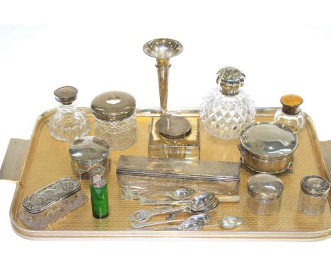 Tray lot of silver small items, including ring boxes, inkwell, scent bottles and jars, spoons, etc (over 20 pieces)