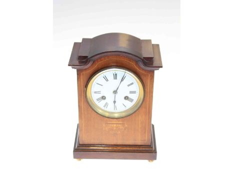 Edwardian inlaid mahogany mantel clock on brass ball feet