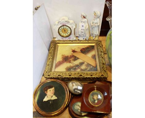 Pictures, tray, miniatures, two Victorian figures and mantel clock