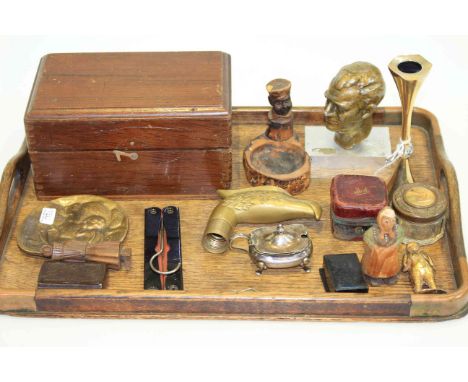 Tray lot of collectables including cane handle, snuff box, etc