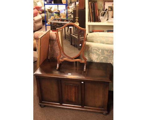 Oak blanket box, shield shaped toilet mirror, onyx and gilt standard lamp and two gilt framed wall mirrors (5)