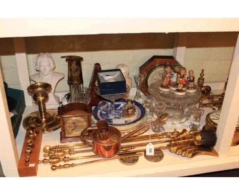 Clocks, barometer, electric miners style lamp, metronome, companion set, bell weights, Hummel figures, glassware, etc