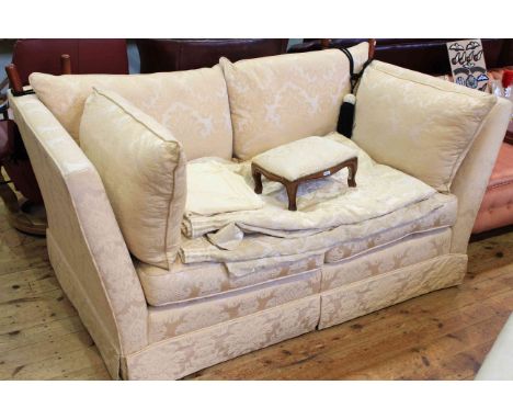 Knoll settee, curtains and footstool in classical light gold fabric