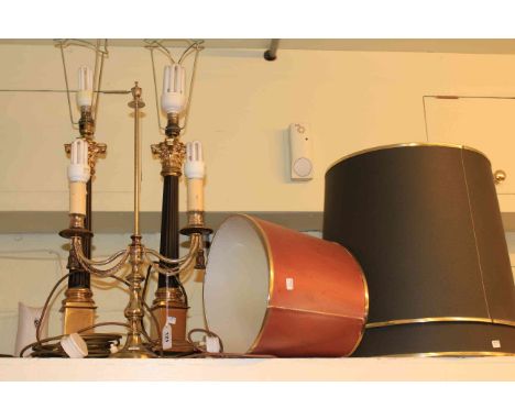 Pair of corinthian column table lamps and shades and Gothic style two branch table lamp and shade (3)