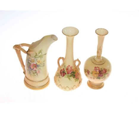 Royal Worcester blush ivory floral decorated tusk jug and two spill vases no's 1116, 1939 and 1661