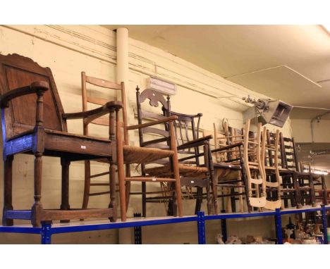 Set of four oak country ladder back dining chairs, child's chair, antique oak elbow chair and six various chairs (12)