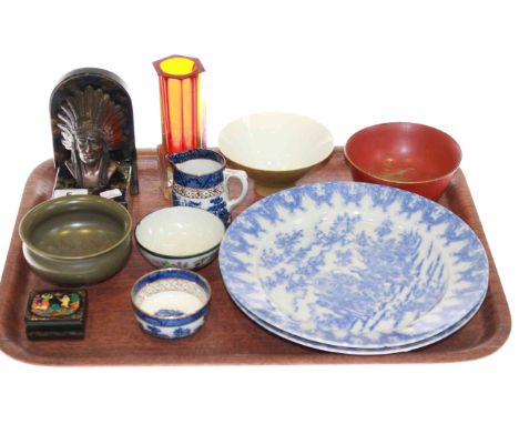 Tray lot with six character marked green glazed basin, Indian booked, other ceramics, etc