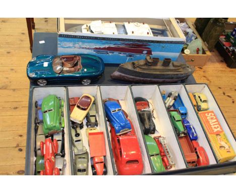 Collection of vintage model cars including Schuce Examico 4001 and Scalex 4.5 litre Ferrari, also two model boats