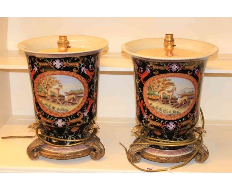 Pair of gilt metal and pottery lamp bases