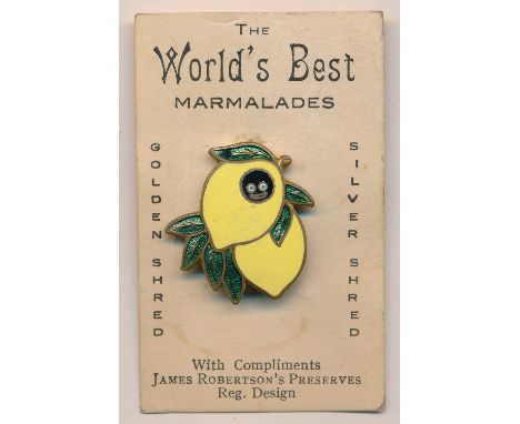 Robertson's Golden Shred enamel badge - lemon on card. Some light scratches to yellow enamel. Miller makers mark. These items