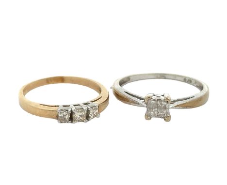 Two diamond rings. A princess-cut three stone diamond ring, stamped 375, size K. Diamond weight approx 0.28ct, weight 1.3g. A