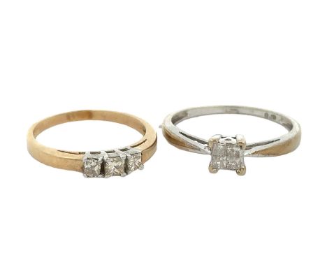 Two diamond rings. A princess-cut three stone diamond ring, stamped 375, size K. Diamond weight approx 0.28ct, weight 1.3g. A