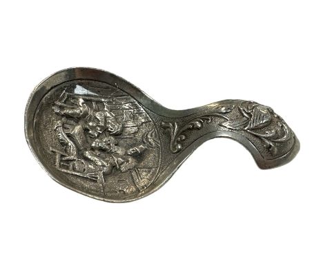 Dutch Silver caddy spoon with traditional figural design, interior scene to main part of spoon and bird design to handle. Wit