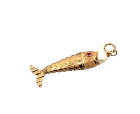 A fish-shaped articulated pendant with a pearl in its mouth and pink gem set eyes.Please see the buyer's terms and conditions