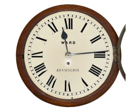 Victorian Ward Kensington wooden wall clock, 11.5” dial painted with Roman numerals, total diameter 38cm. Crack to wood exter