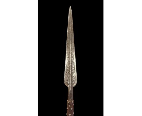 Spanish (or Italian) large Ceremonial Staff with very long leaf spear tip, brass studded leather handle grip, foliate decorat