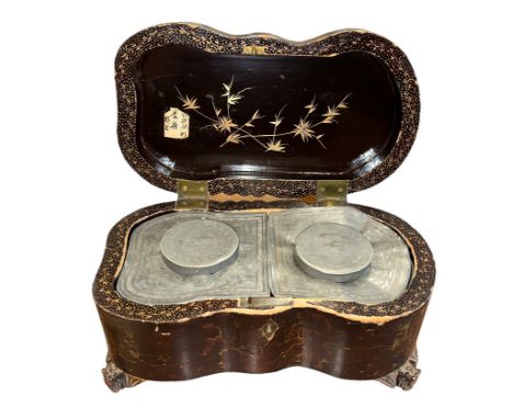 Oriental (likely Chinese) wooden decorative Tea Caddy with foliate and figural decoration to surround (faded decoration to to