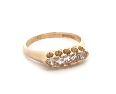 A paste five stone ring, size L, stamped 14K. Weight 2.88g. Paste stone with small chips and wear. Please see the buyer's ter