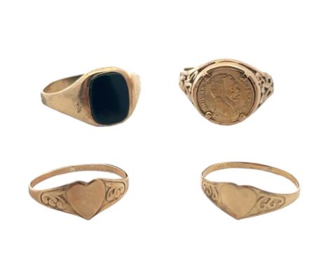 Four rings - two small heart rings, size G, stamped 9ct. Also a hallmarked 9ct ring mounted with a Mexican coin (has a bent s