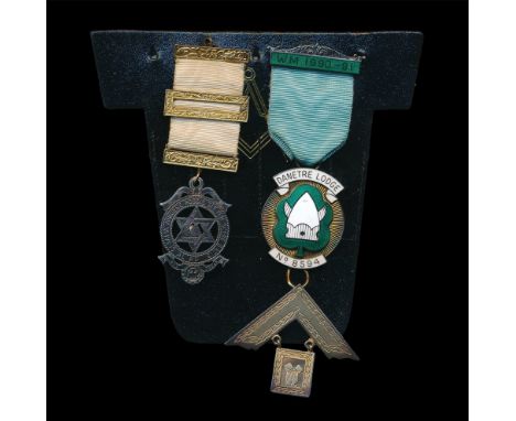 Masonic Jewel pair for Danetre Lodge, Daventry. With Green &amp; White enamel Danetre Lodge No. 8594 Hanging Jewel on ribbon 