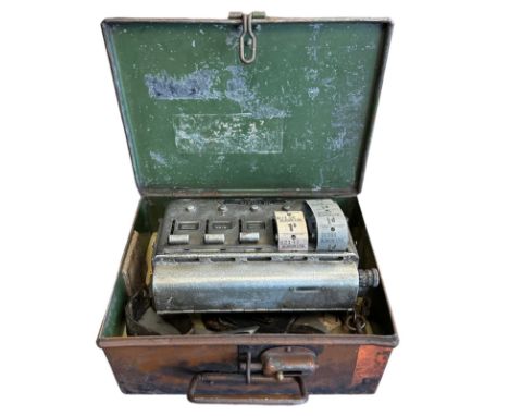 Automaticket Ltd London bus ticket machine, housed in tin with partially attached leather strap. ‘Ultimate Ticket System’ Bel