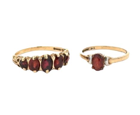 Two garnet rings, a hallmarked 9ct yellow gold five stone oval garnet ring size P. Also a single stone oval garnet ring, size