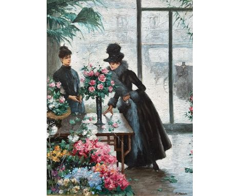 P. Masin, Oil on board copy of ‘Buying Flowers’ by Victor Gabriel Gilbert, interior and clothing of figures amended but overa