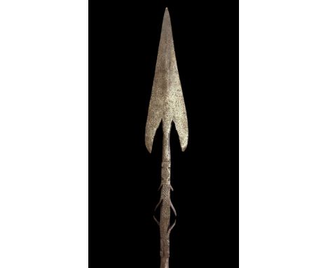 Sudanese long Arrow head tipped shaped spear, three sets of barbed prongs to spear head neck with crosshatched pattern, leath