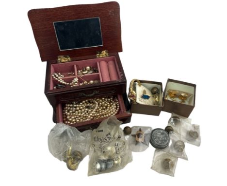 A wooden jewellery box containing several imitation pearls pieces of jewellery, necklaces, earrings etc. Also some other item