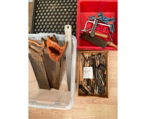 Saws, hack saws, mitre blocks and various tools 