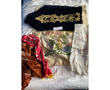 Sampler, vintage scarf, runner and embroidery panel and football scarf 