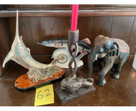 Fish clock, ornamental, wood elephant and lion candlestick 11Inches height 