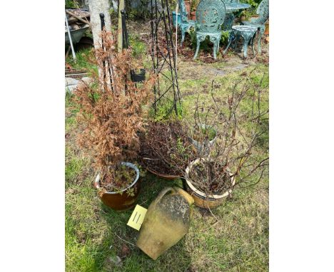 A planter, and garden pots, etc. 