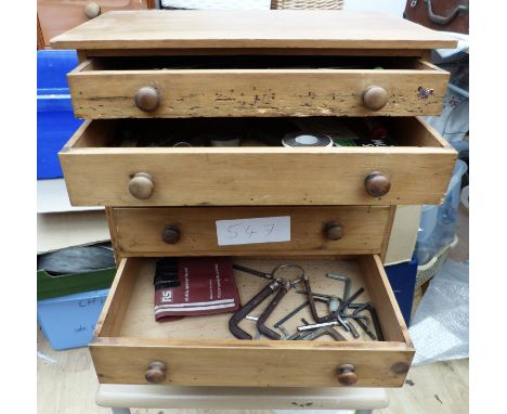 A pine 6 drawer collectors cabinet, table top cabinet and some tools 